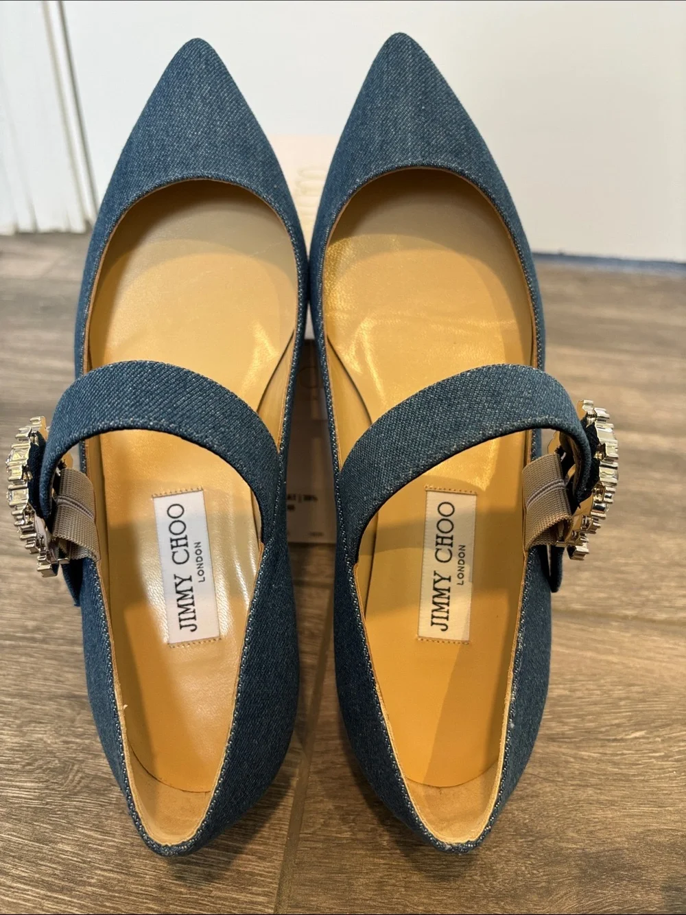 Jimmy Choo Dark Blue Denim Pointed Flats with Crystal Buckle - Picture 5 of 7